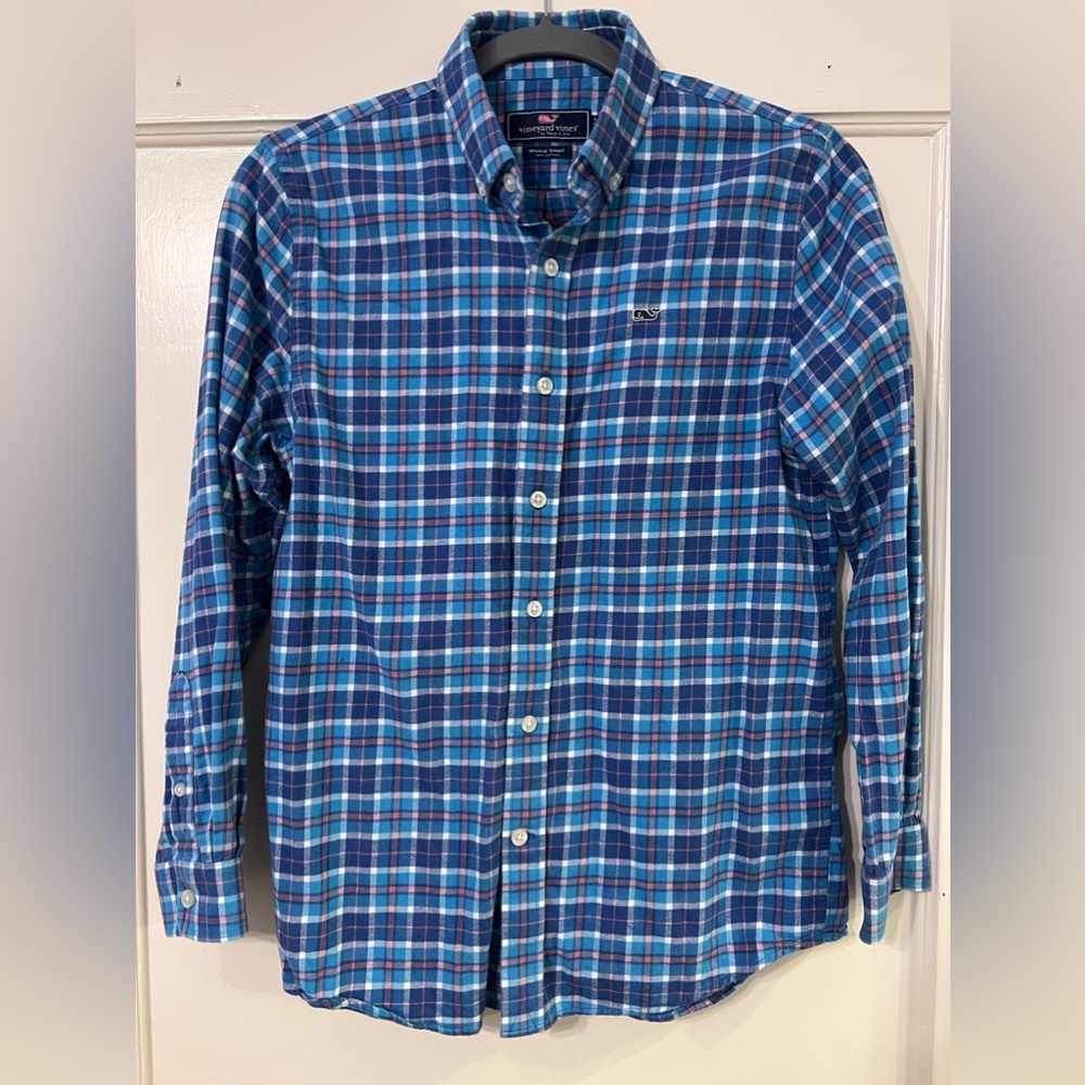 Vineyard Vines Boys' Flannel Whale Shirt Blue Plaid Button Up Size Medium 12-14